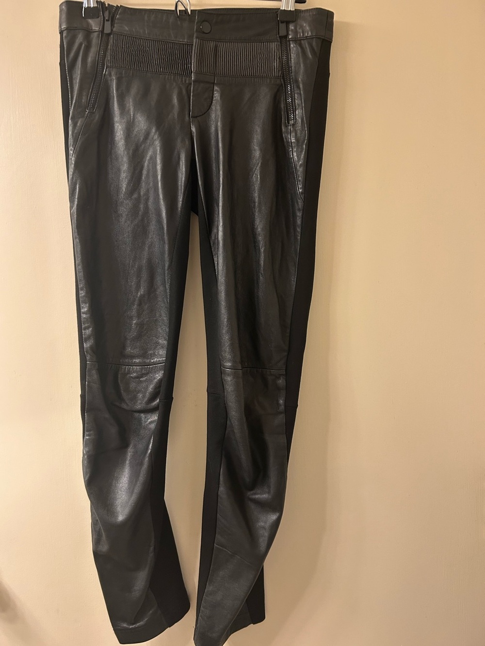 MAJE Paris Genuine Lambskin Leather Moto Leggings Pants Back Stretch Black 36